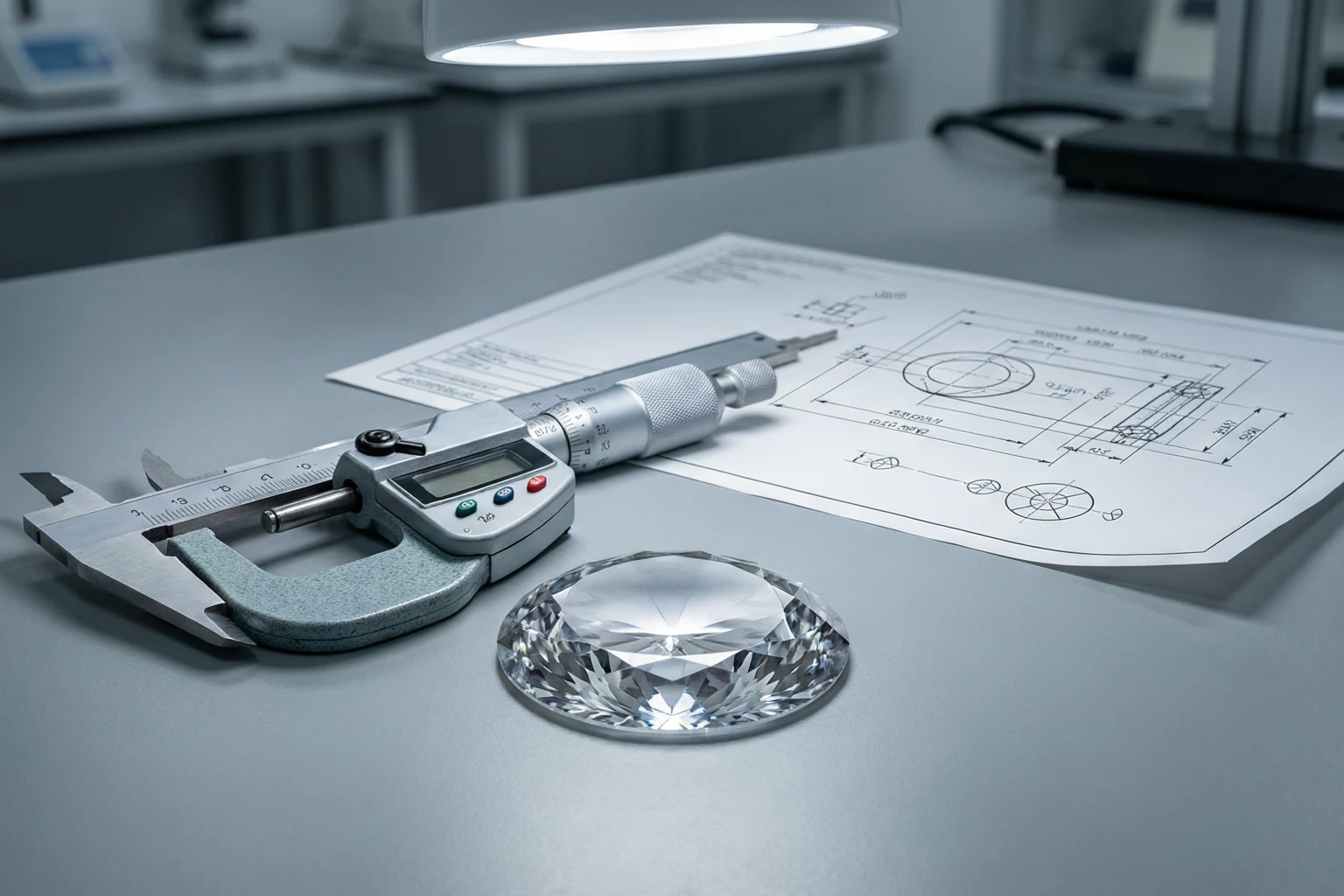 Sapphire watch crystal being measured with precision calipers against a tolerance drawing