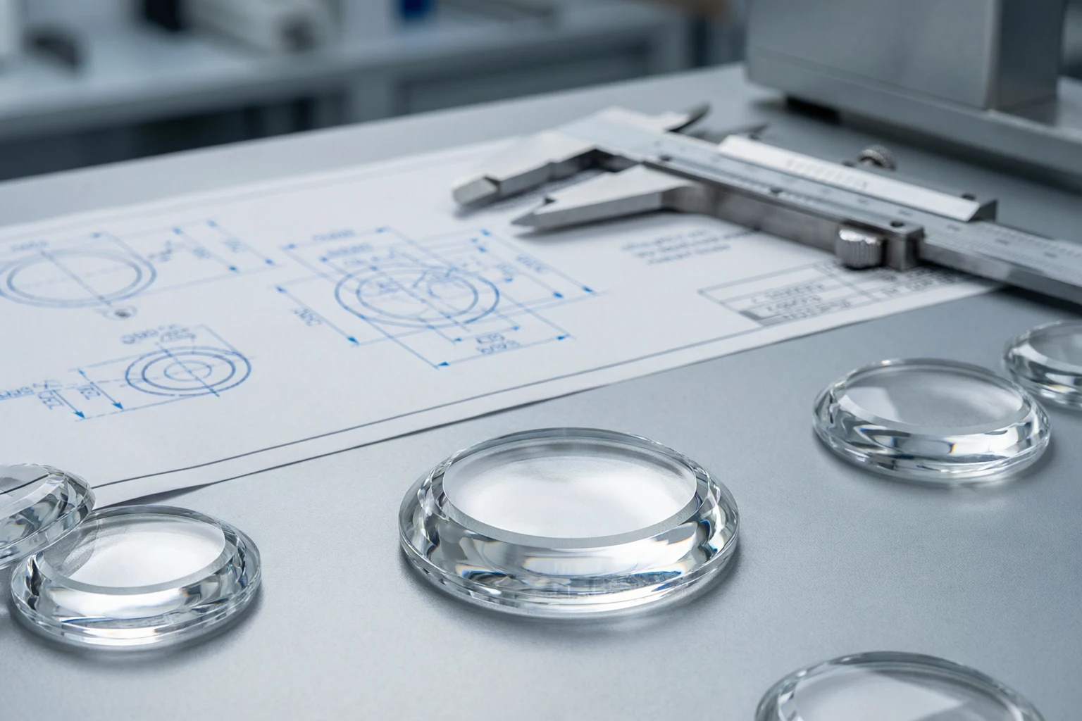 Sapphire watch glass components with technical drawings and calipers